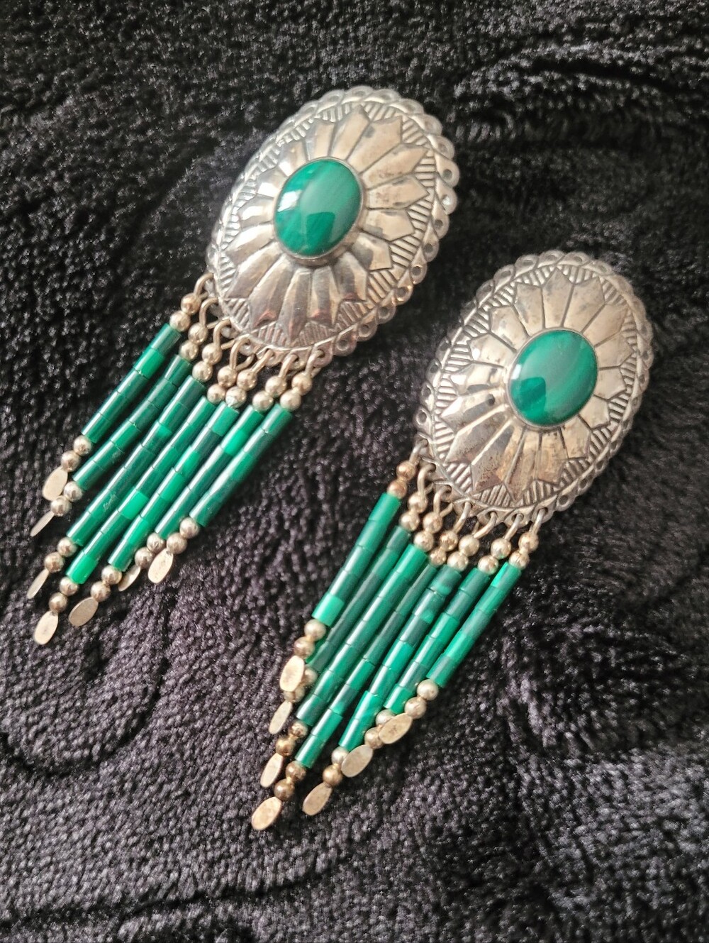 Vintage sterling Hopi style malachite concho fringe earrings southwest native